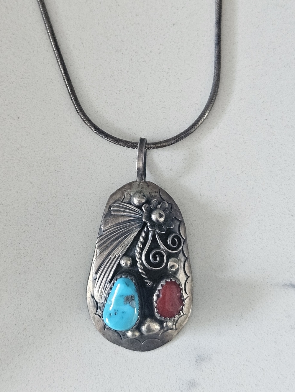 Vintage Signed Navajo Sterling Silver Turquoise & Coral Pendant Snake Necklace